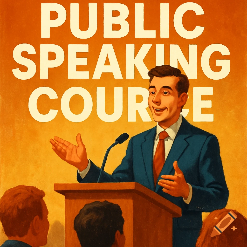 Illustration of a man speaking at a podium with text "PUBLIC SPEAKING COURSE".
