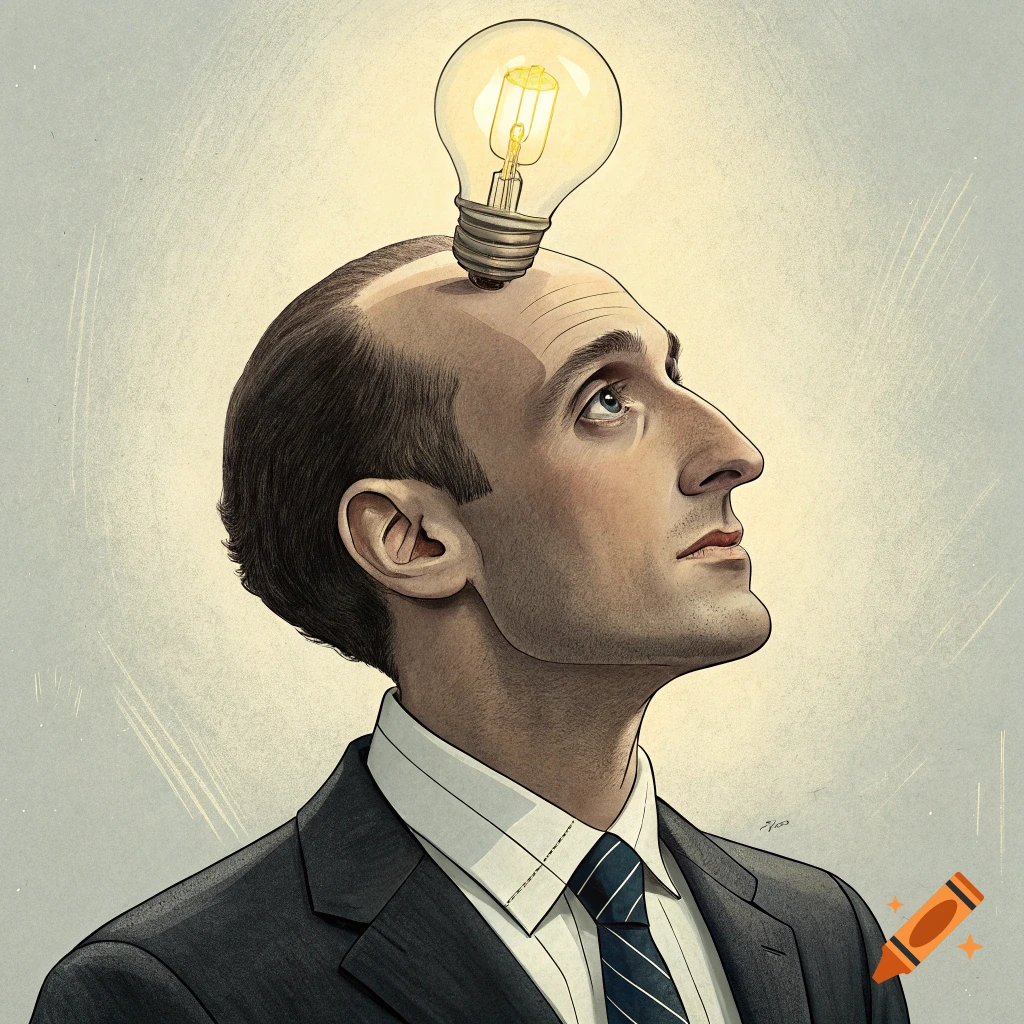 Illustration of a man in a suit with a lightbulb on his head.
