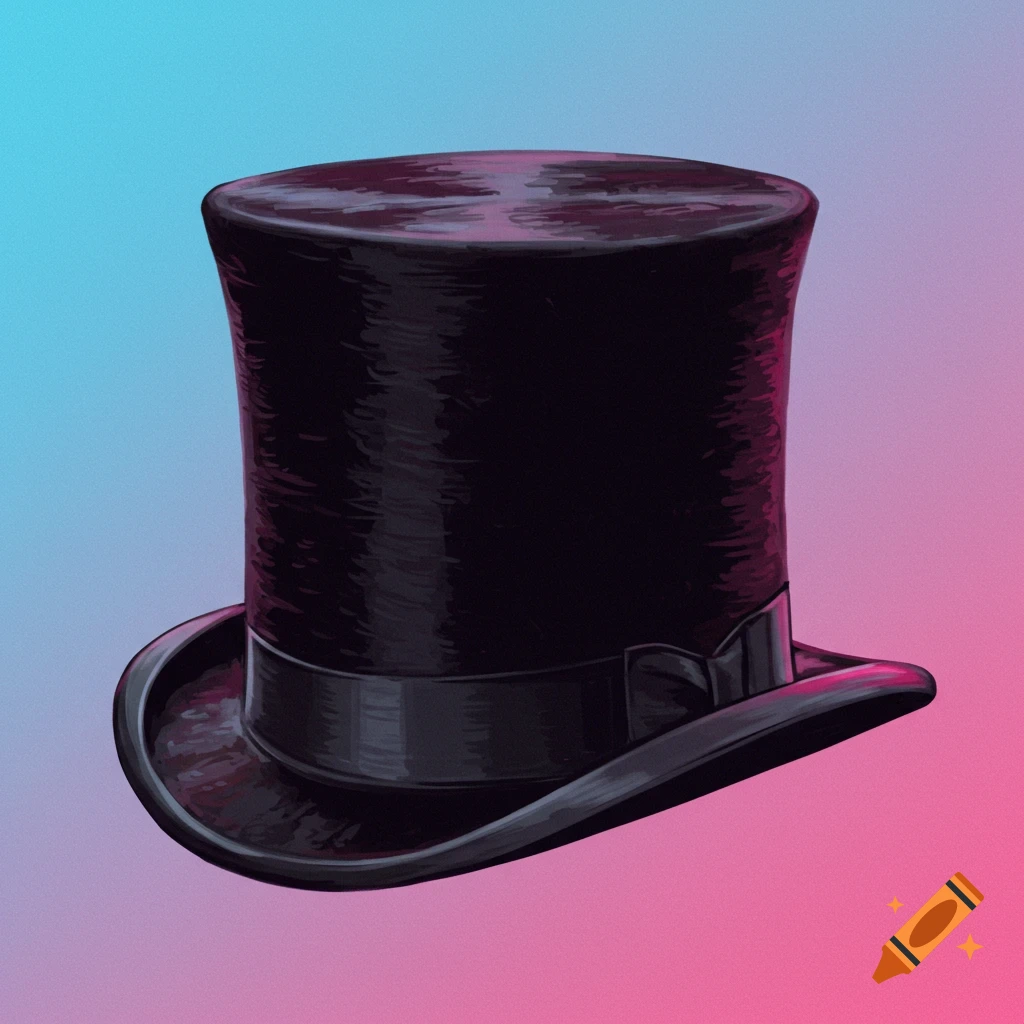 An illustration of a black top hat against a blue and pink gradient background.