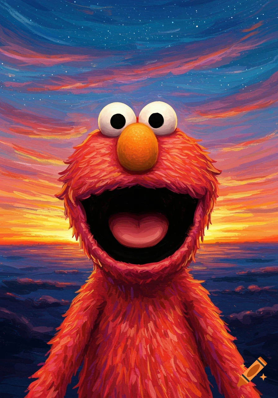 Elmo with mouth wide open in front of a painted sunrise over water.