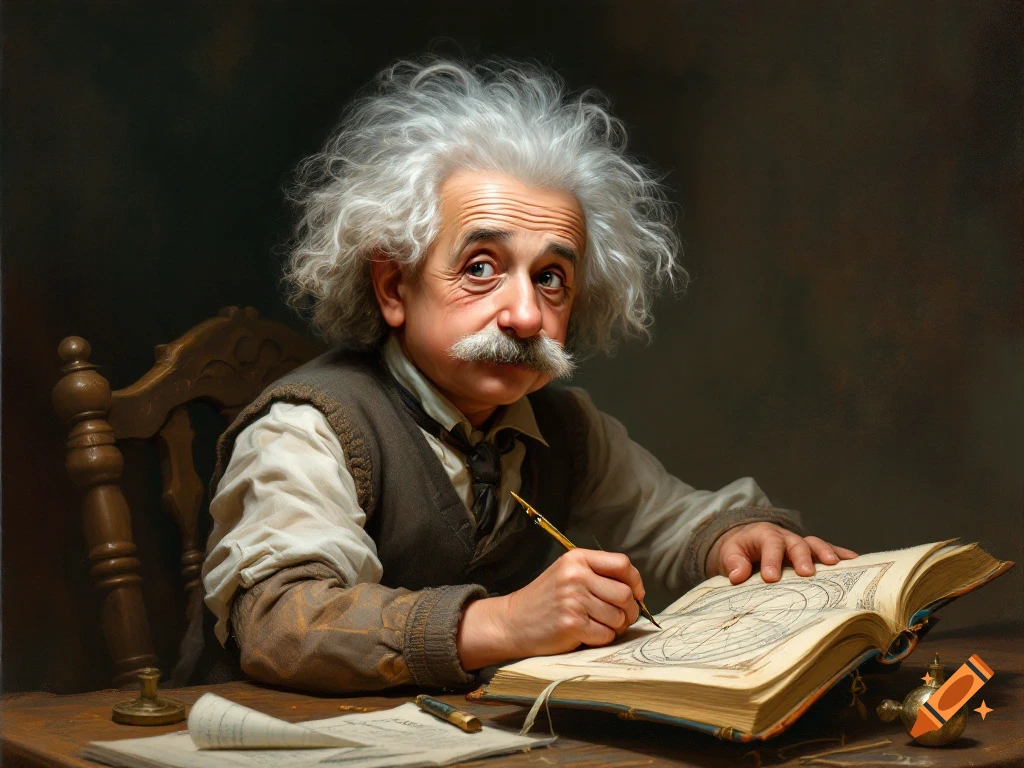 Portrait painting of a person resembling young Einstein writing in a book