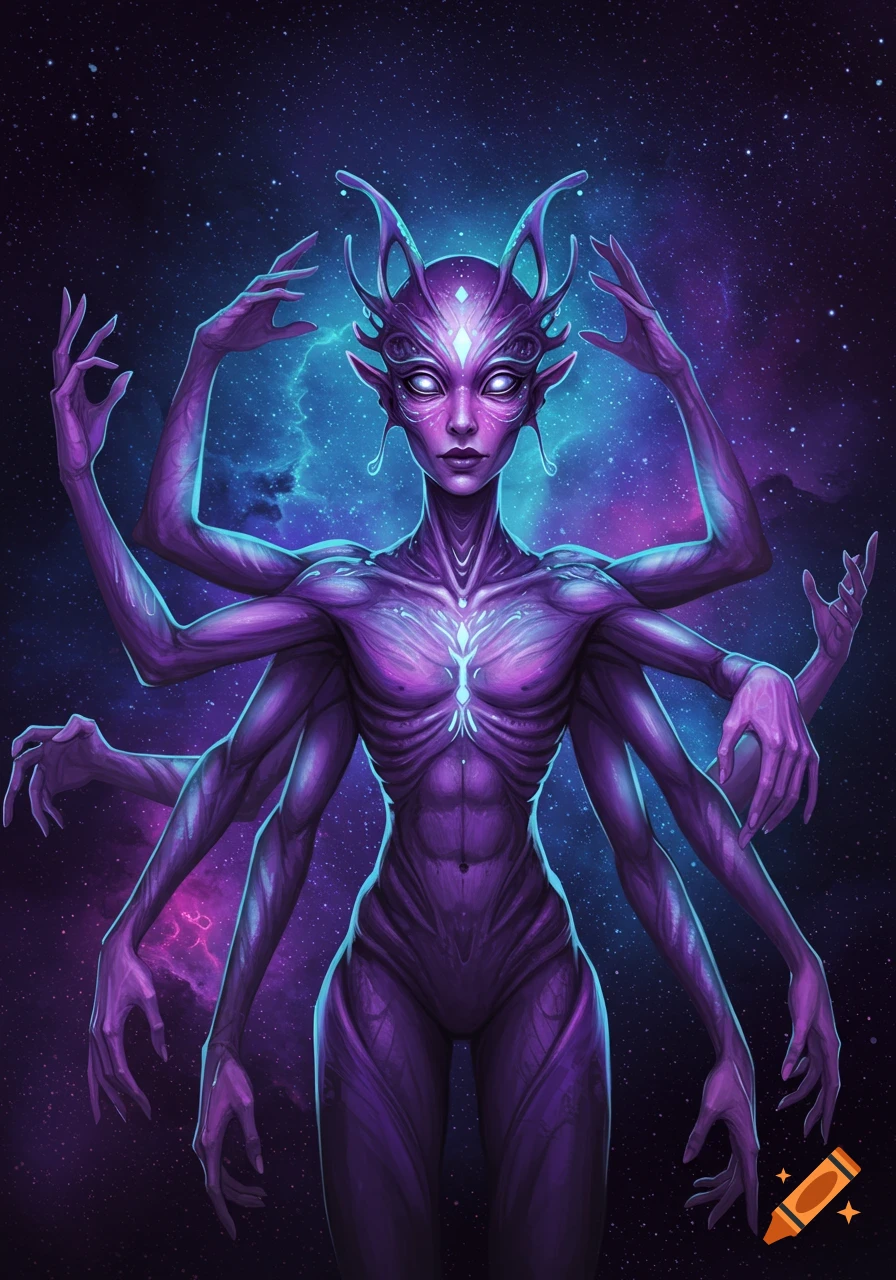 Purple alien with eight arms against a starry galaxy background