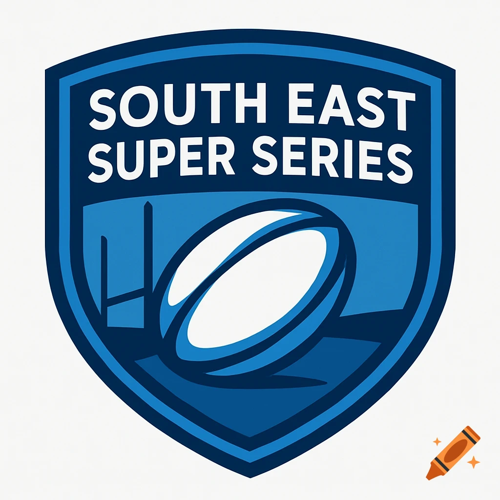 Blue shield logo for 'South East Super Series' with a rugby ball and posts.