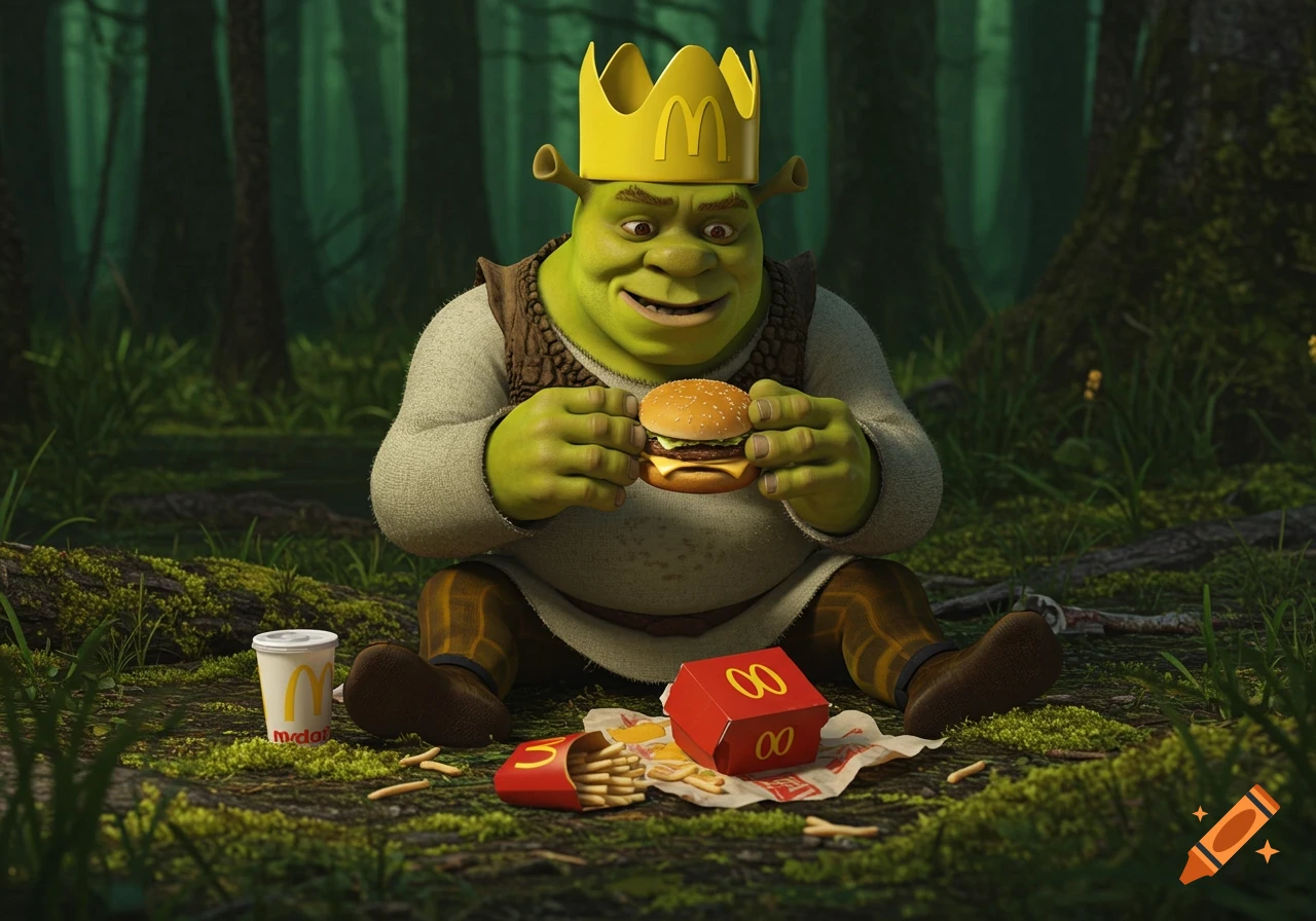 Shrek the ogre sits in a swamp eating a hamburger and french fries from McDonald's while wearing a McDonald's crown.