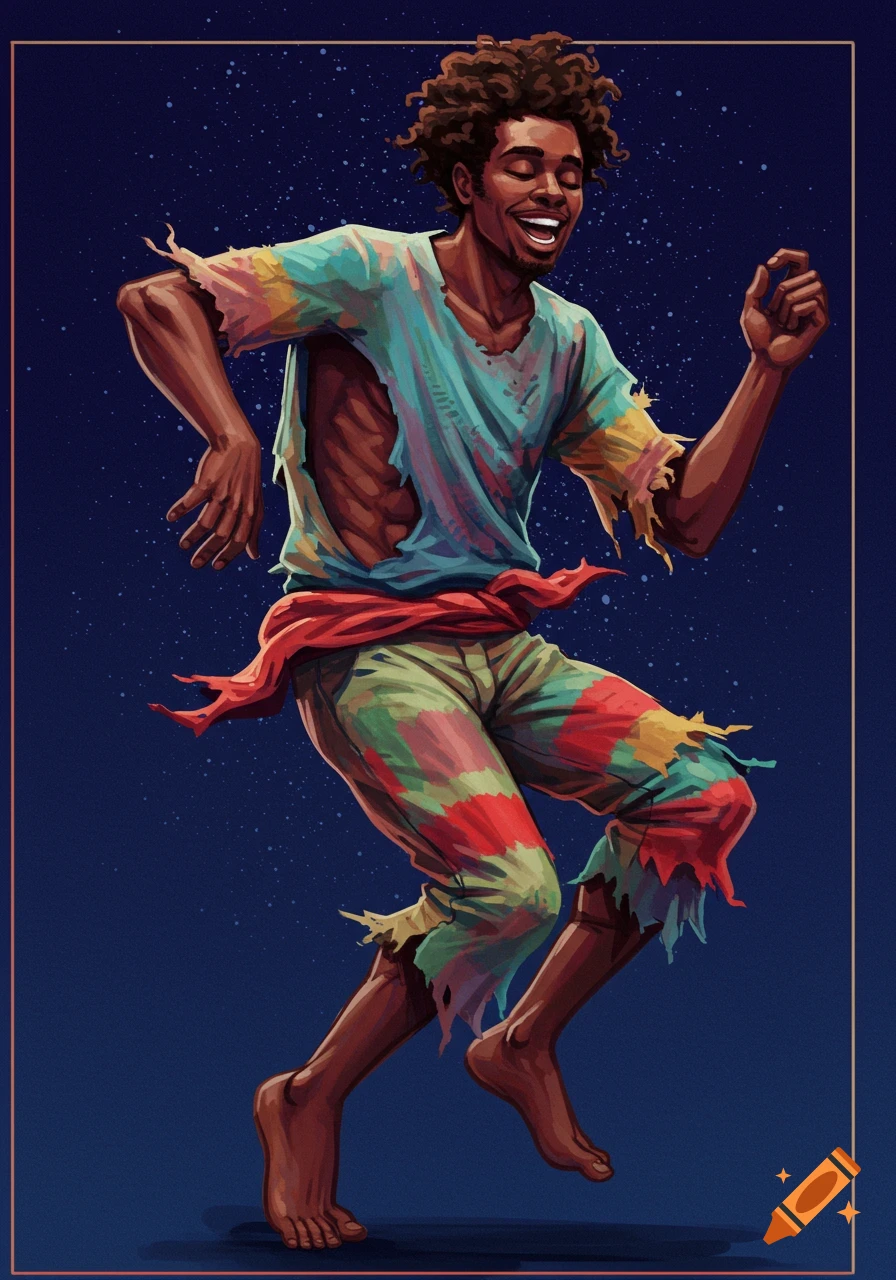 Illustration of a Black man dancing in torn, colorful rags against a dark, starry background.