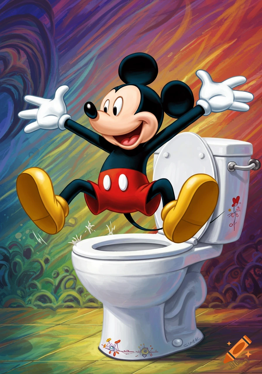 Cartoon Mickey Mouse jumps with arms open above a toilet against a colorful background.