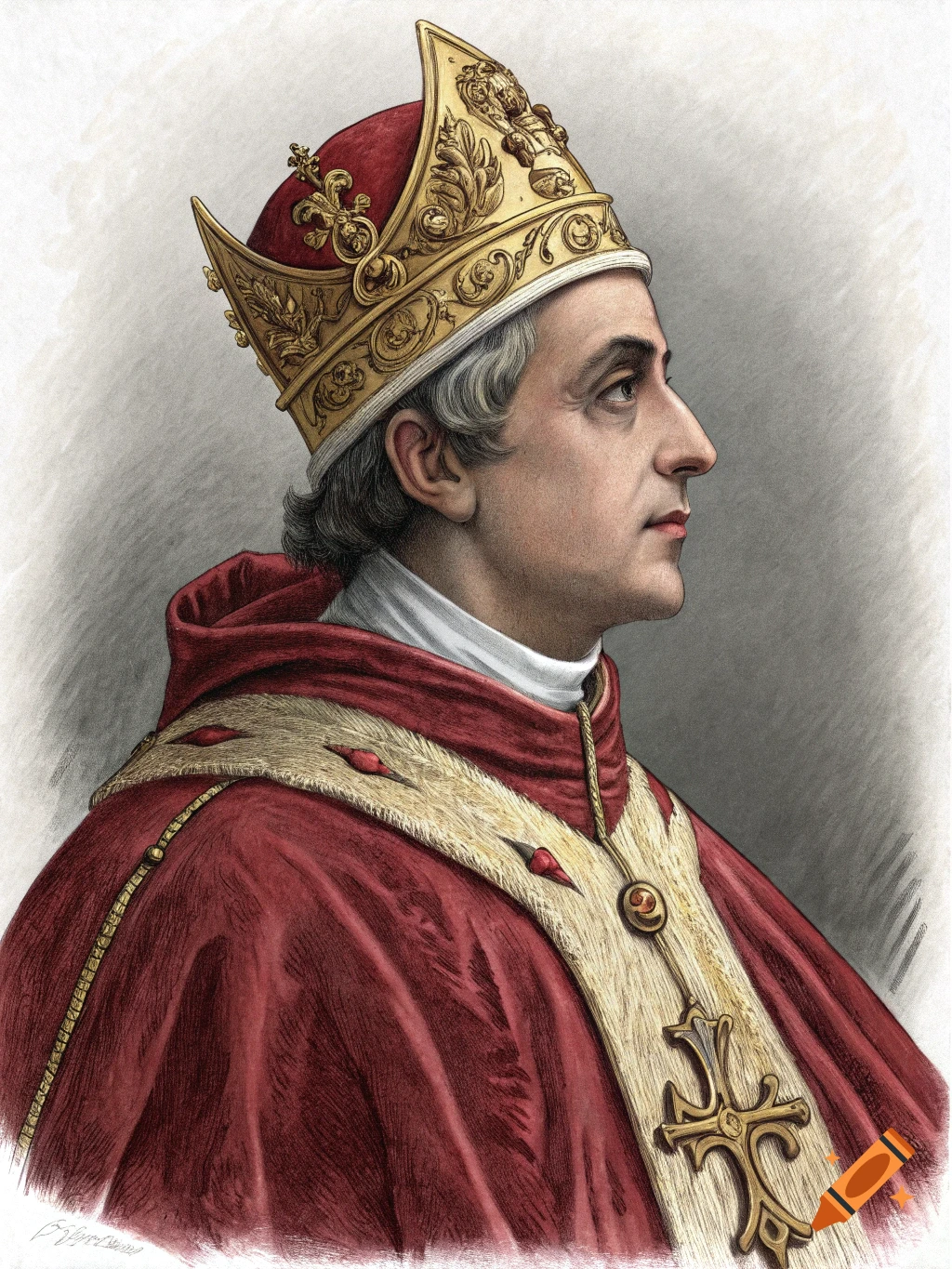 Illustrated portrait of a historical figure wearing papal robes and tiara.