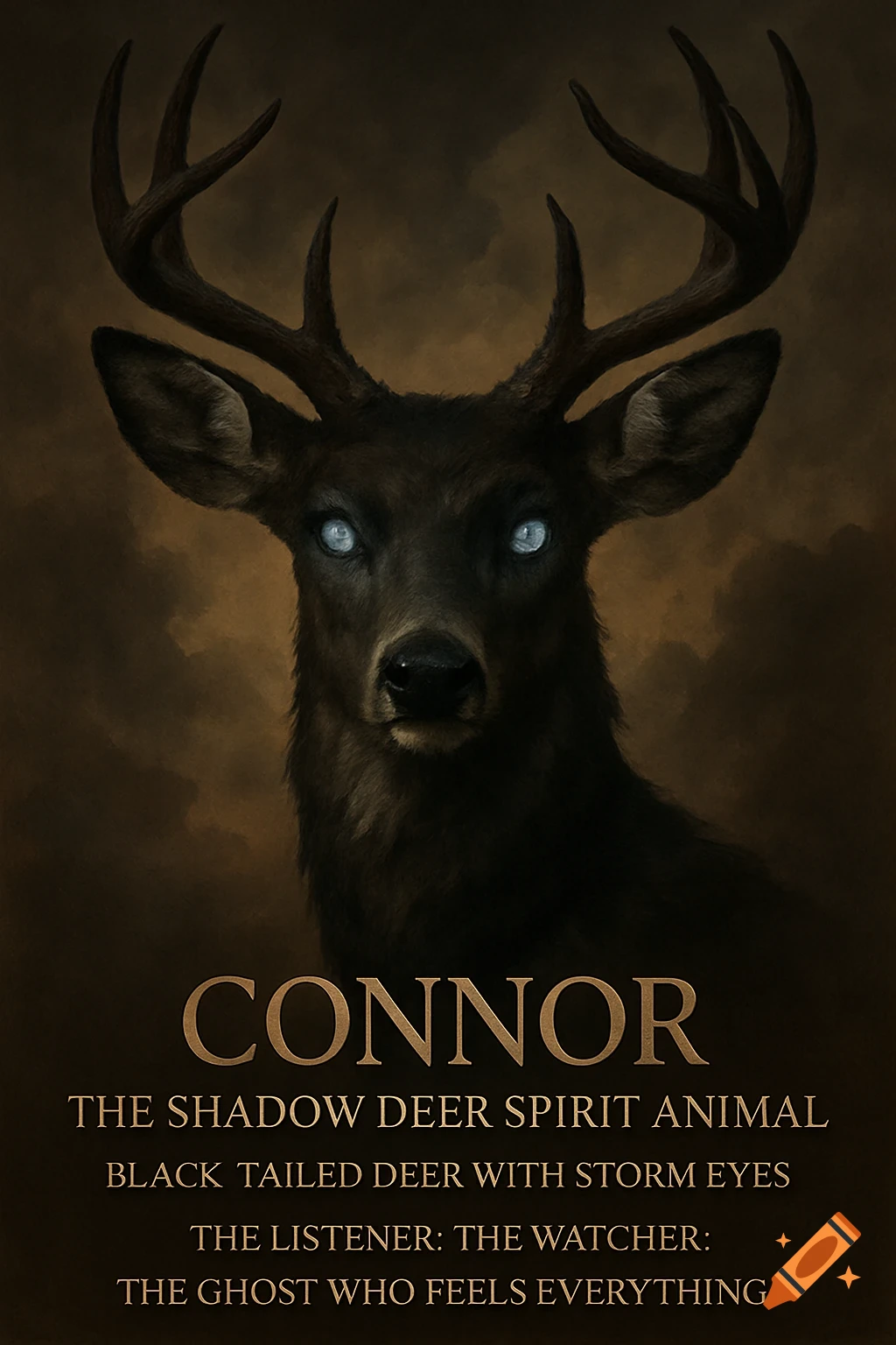 A dark deer with glowing blue eyes looks forward, with text overlaid.