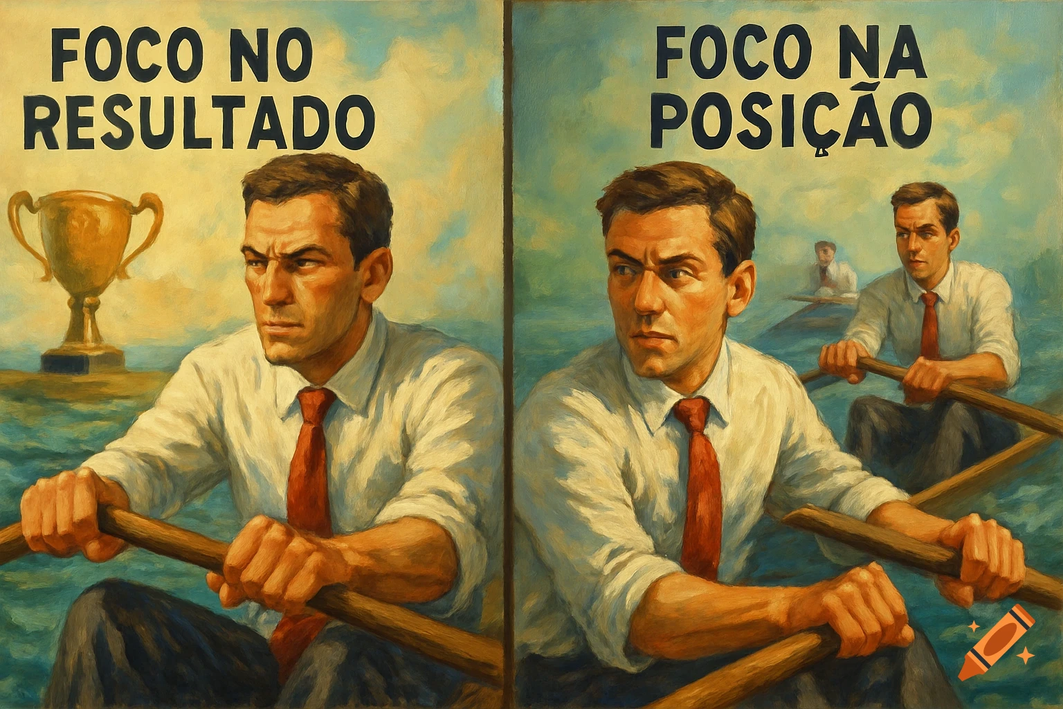 Painted image comparing 'Focus on Result' (rower heading for trophy) and 'Focus on Position' (rowers in formation).