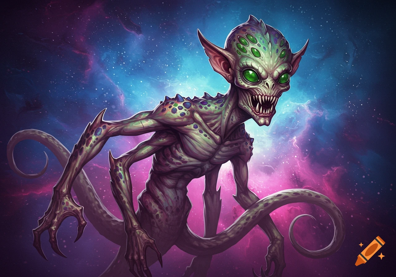 A spotted green alien monster with sharp teeth, green eyes, and tentacles against a colorful cosmic background.