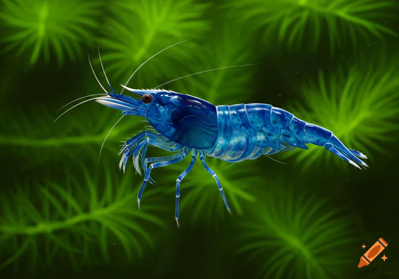 Blue shrimp swimming among green aquatic plants.