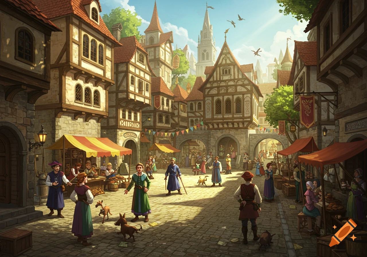Bustling medieval marketplace with people, stalls, and buildings under a sunny sky