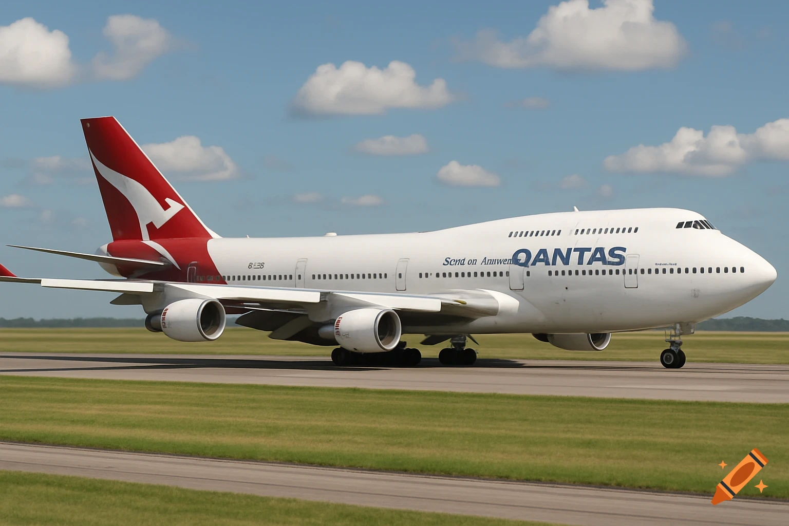 A white Boeing 747 Qantas airplane sits on a runway under a blue sky with clouds.