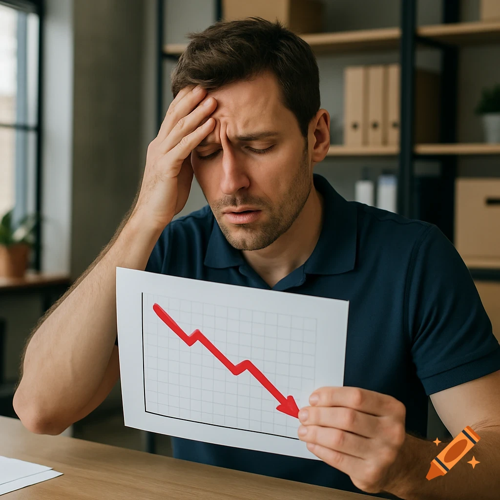 Stressed man in polo shirt looks at paper with red financial decline chart.