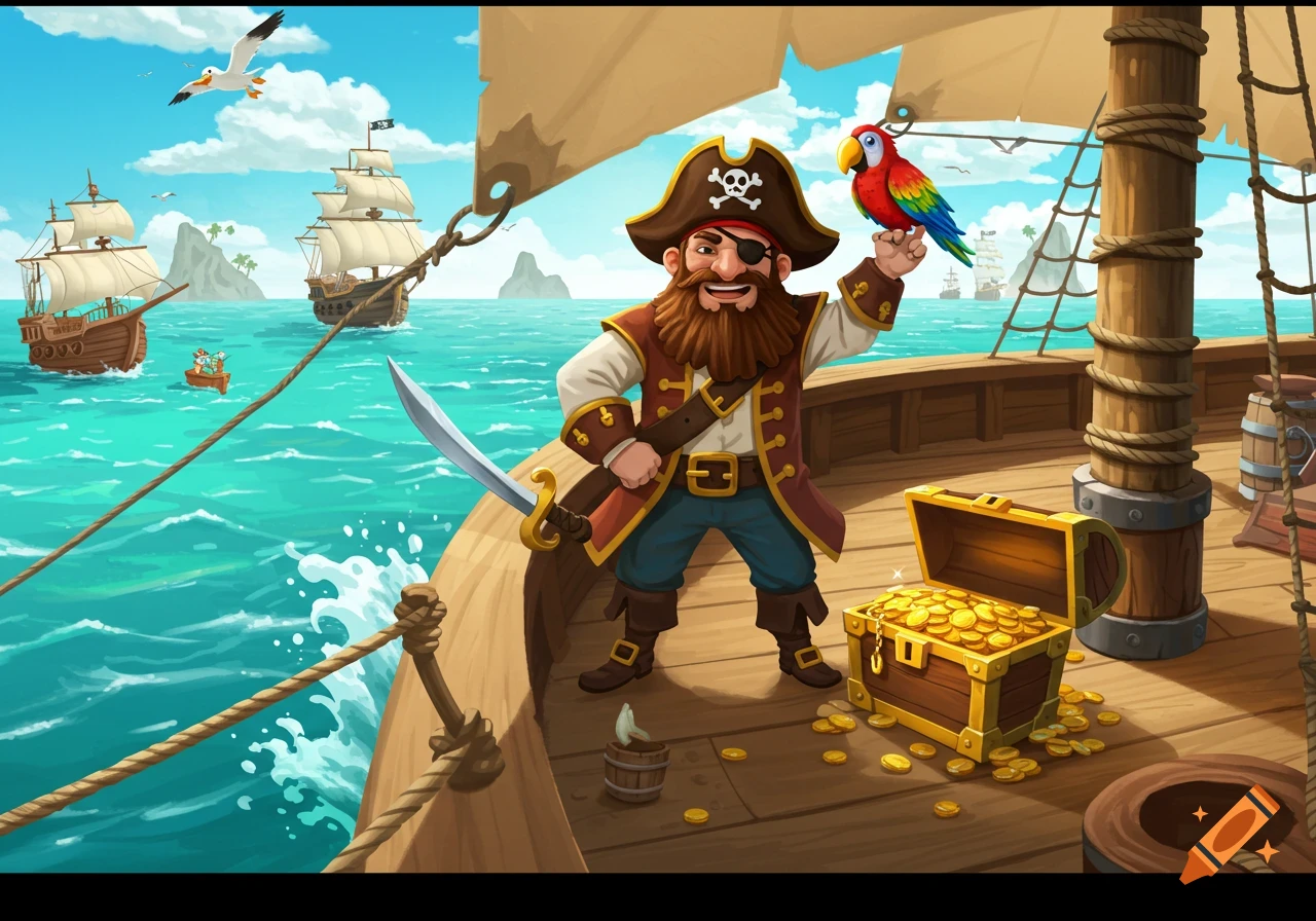 Cartoon pirate on ship deck with treasure and parrot, ships at sea.