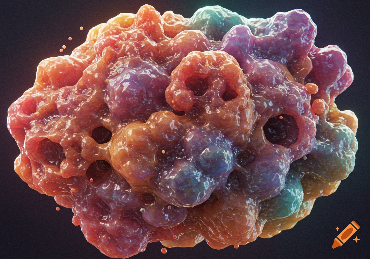 Microscopic view of a colorful, textured organic form with holes and particles.