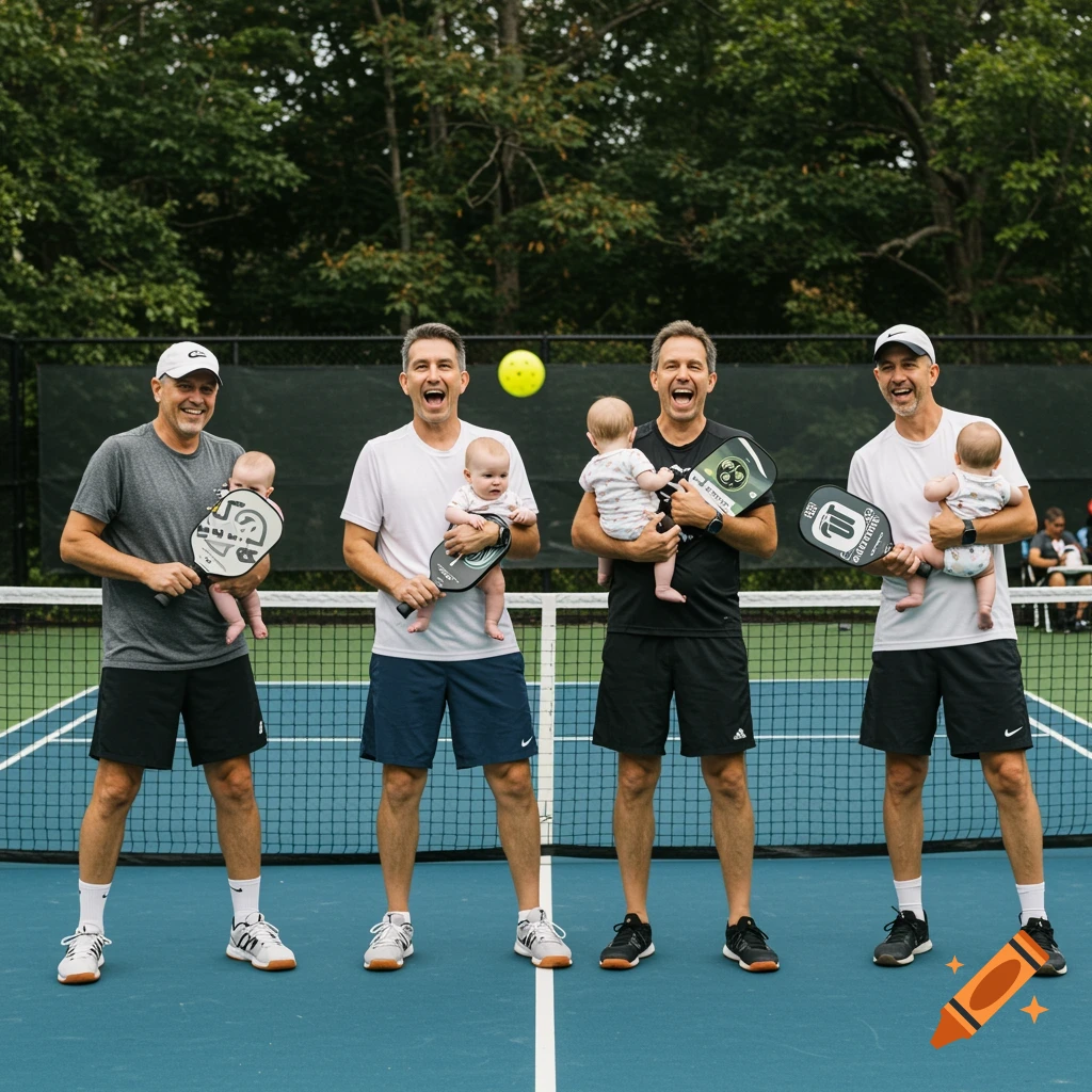 Four men hold babies and pickleball paddles on a court with a ball in the air