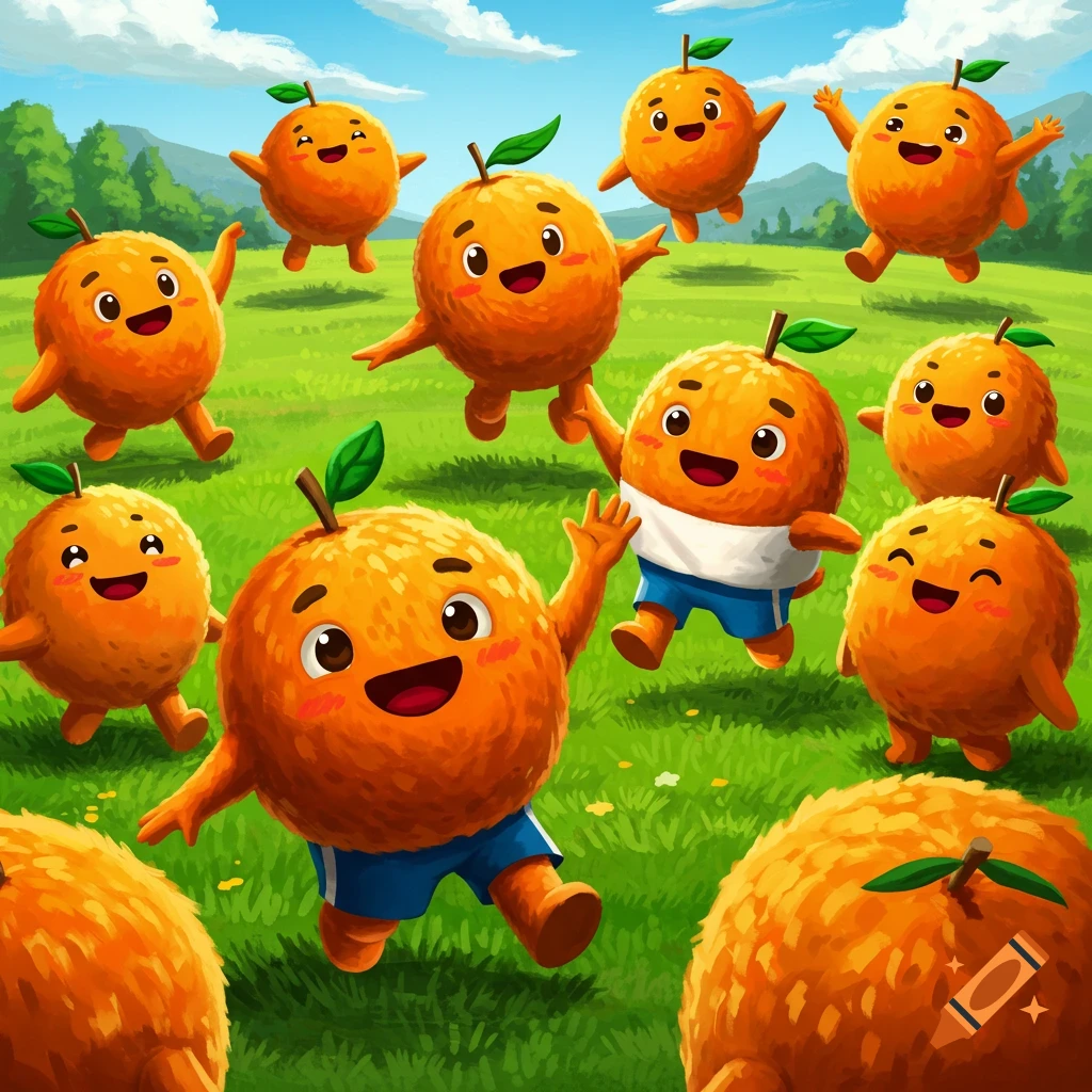 Cartoon orange mascots running and jumping in a grassy field.