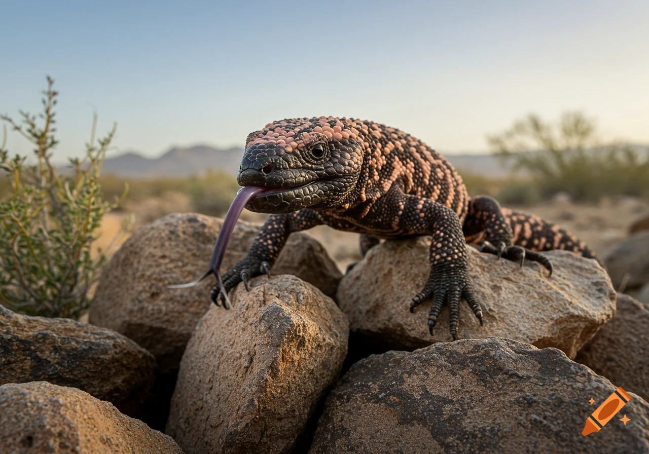 Photorealistic image of a Gila monster perched on rocks with its tongue extended in a desert landscape.