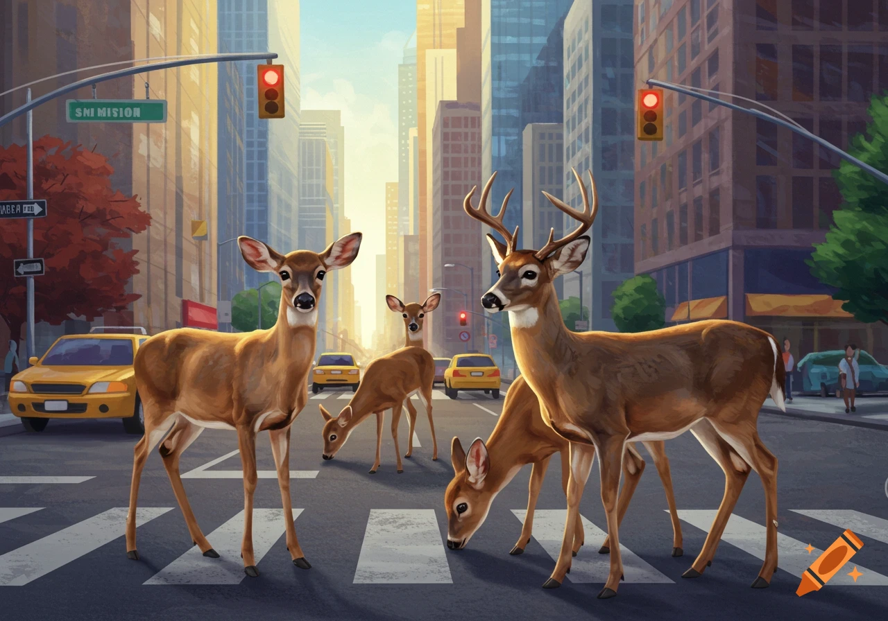 Four deer stand on a crosswalk in the middle of a city street.