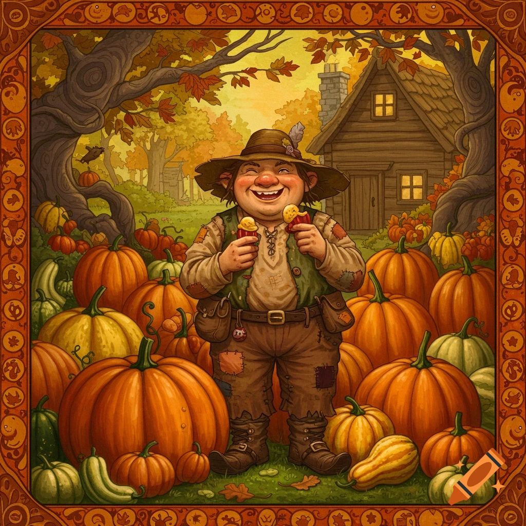 A smiling fantasy creature in a field of pumpkins near a cabin, holding two small figures, in an autumn illustration style.