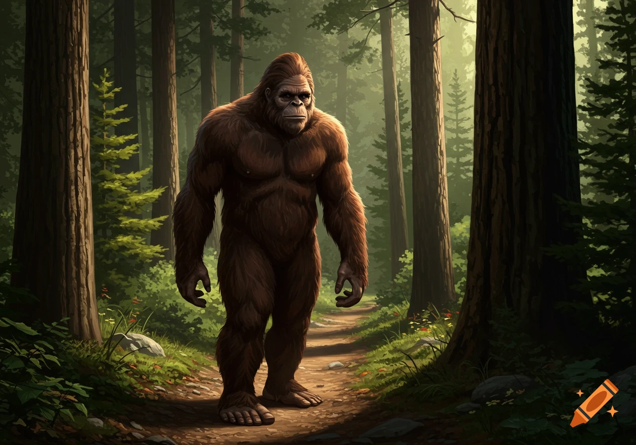 Bigfoot walks along a sunlit trail in a forest.