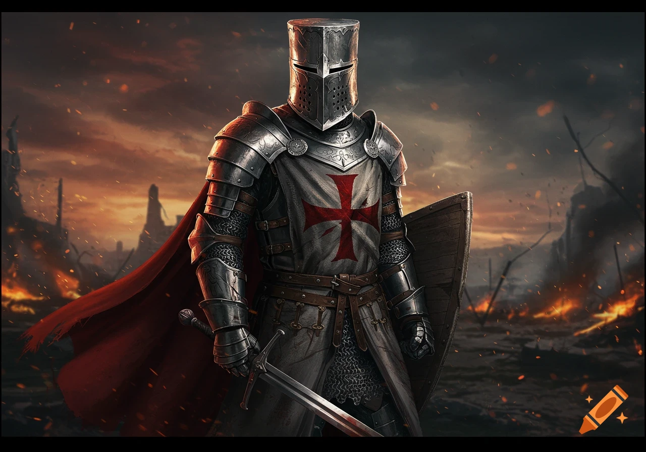 Knight Images A medieval knight in armor holds a sword and shield on a fiery ...