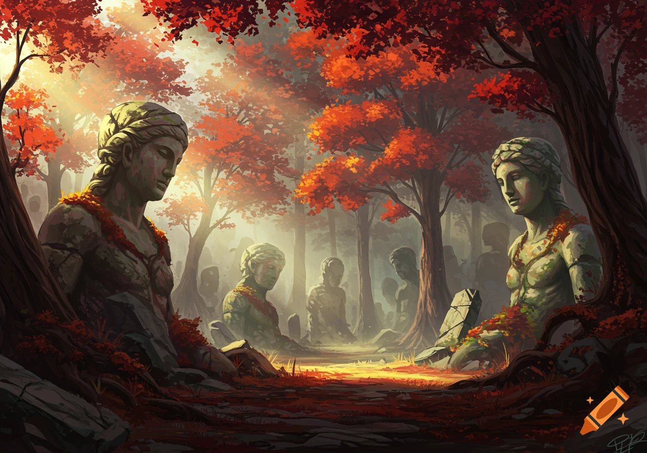 Ancient ruined statues in a forest with autumn trees and filtering sunlight, painted style.