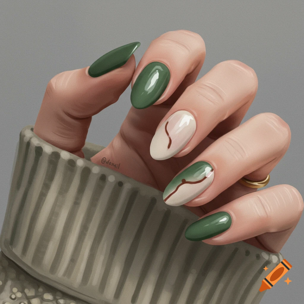 Hand wearing a sweater with green and white nails painted with brown lines, digital painting.