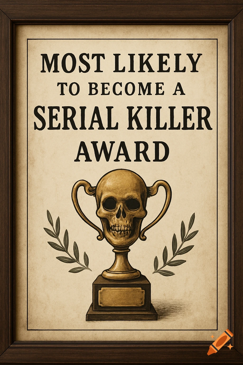 Framed award certificate with a skull trophy and text reading "Most Likely to Become a Serial Killer Award".