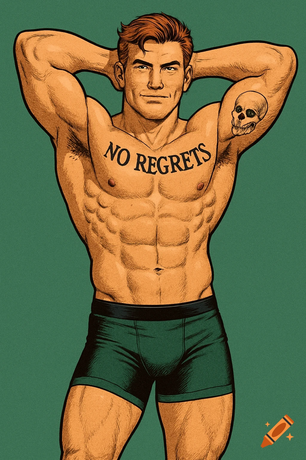 Muscular man with red hair, 'NO REGRETS' chest tattoo, skull arm tattoo, and green underwear in comic book style.