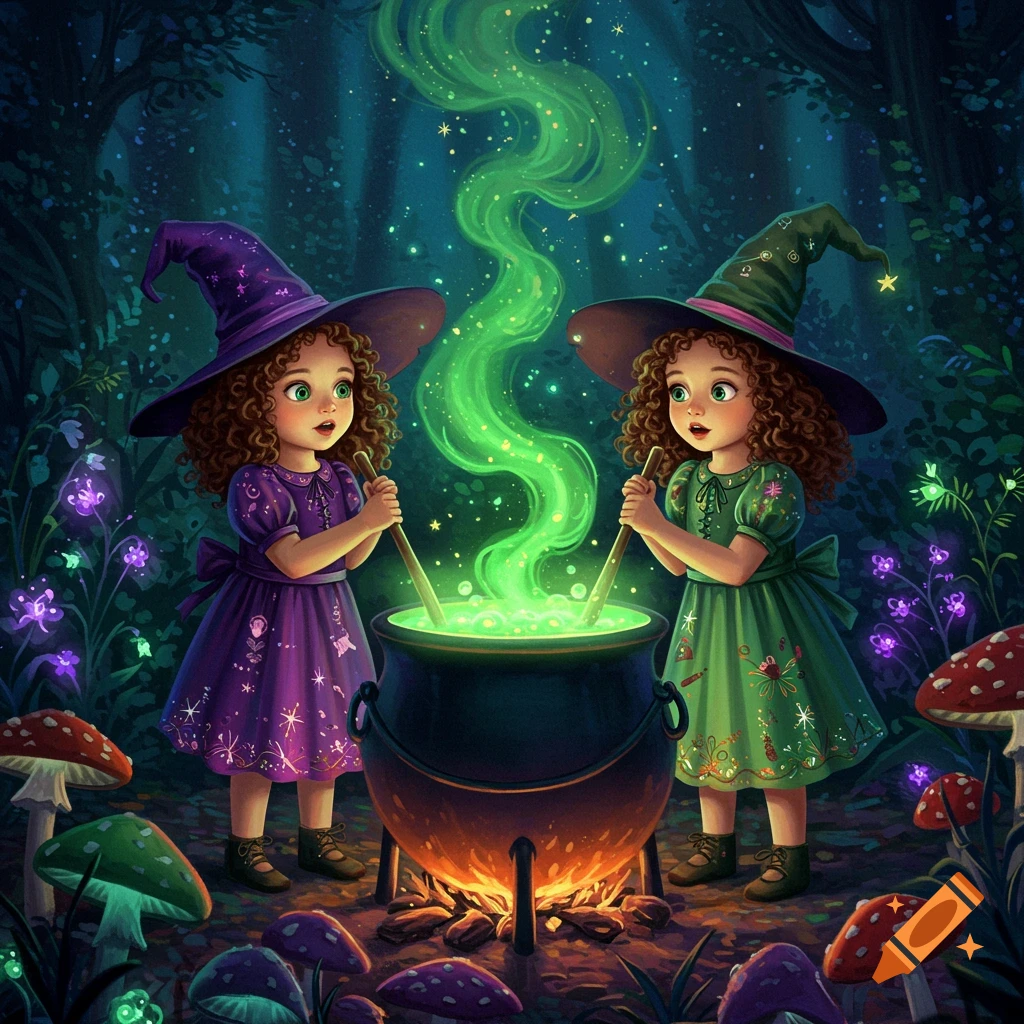 Two little girl witches stirring a glowing cauldron in a dark forest with glowing mushrooms.