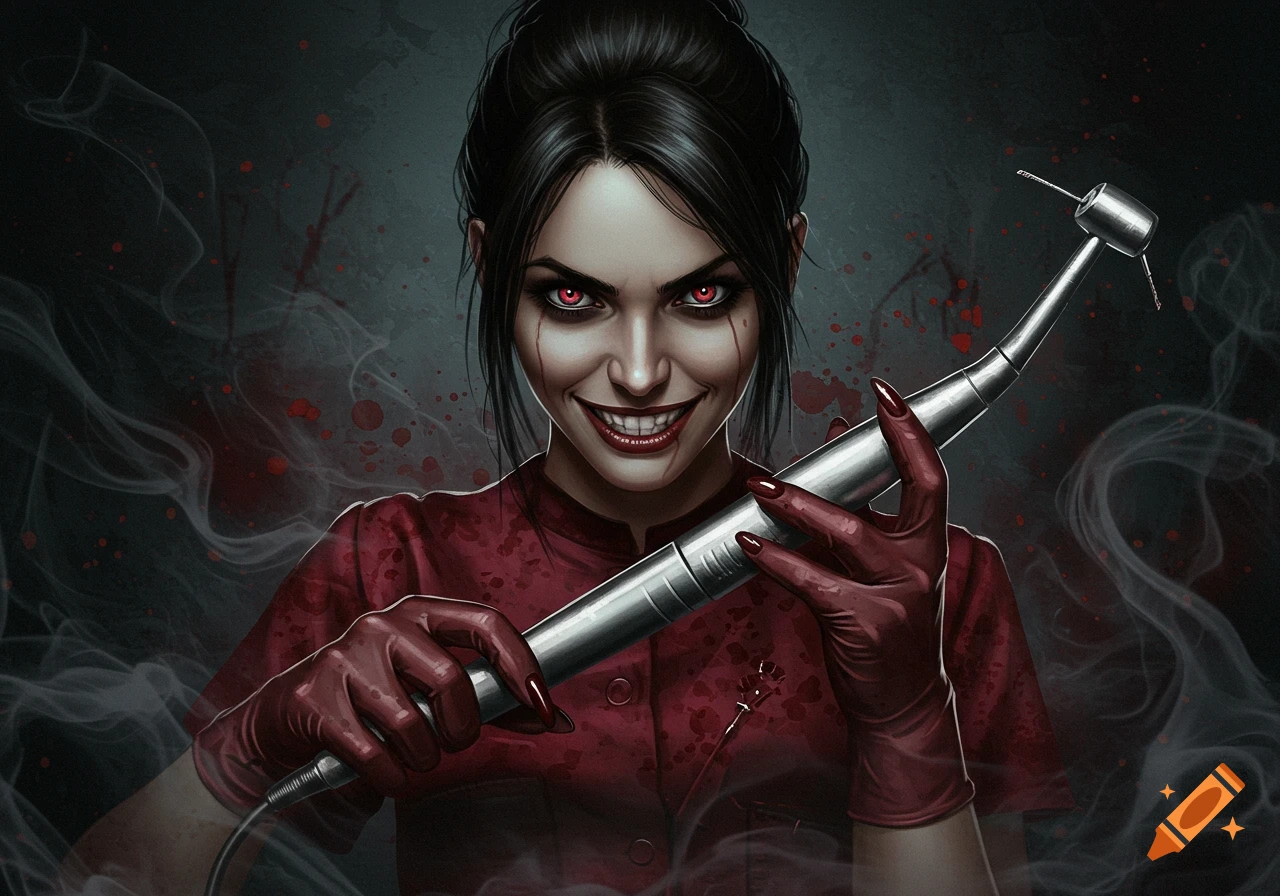 Creepy portrait of an evil dentist with red eyes and a sinister smile holding a drill