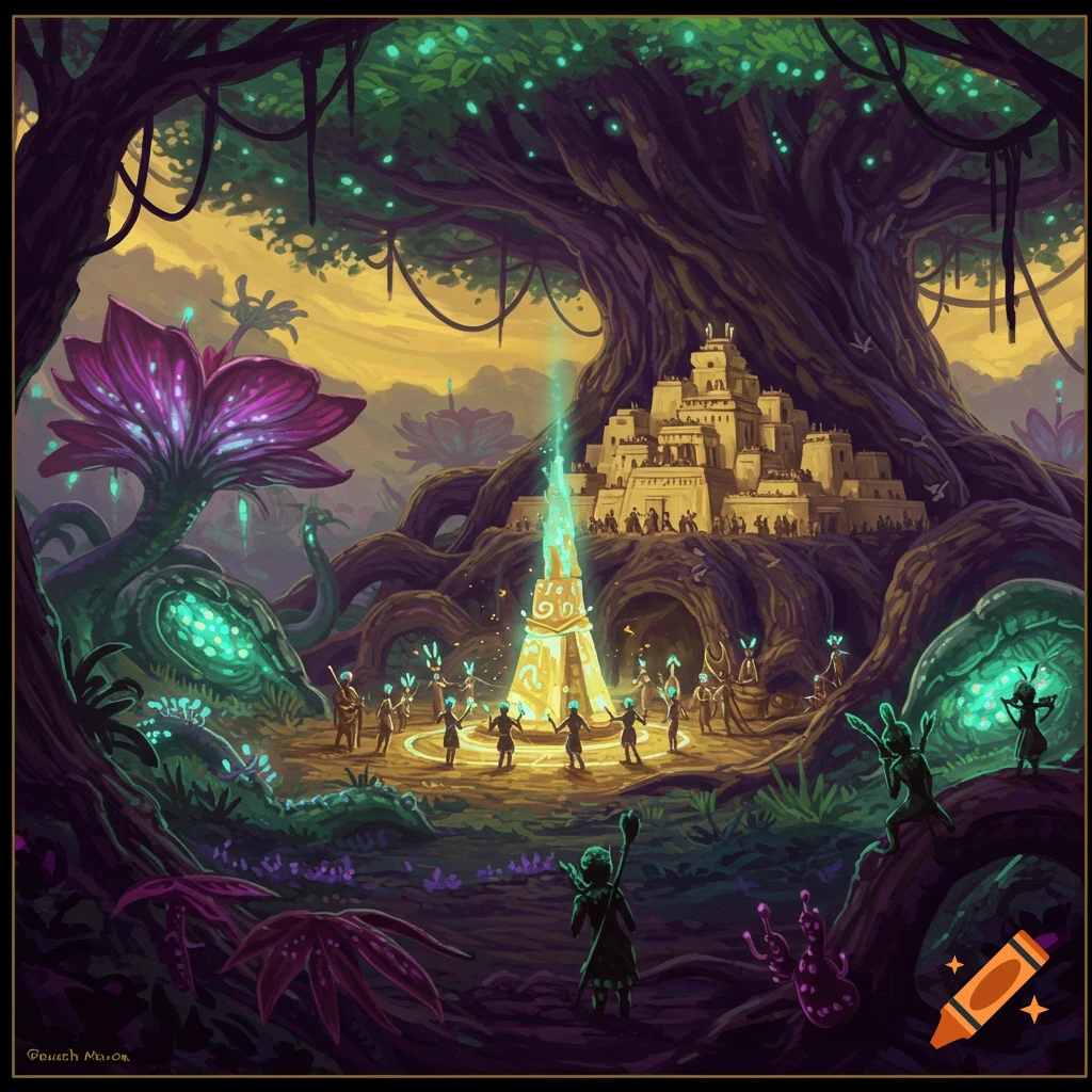 Fantasy illustration of an ancient civilization around a temple and glowing structure under a large tree.