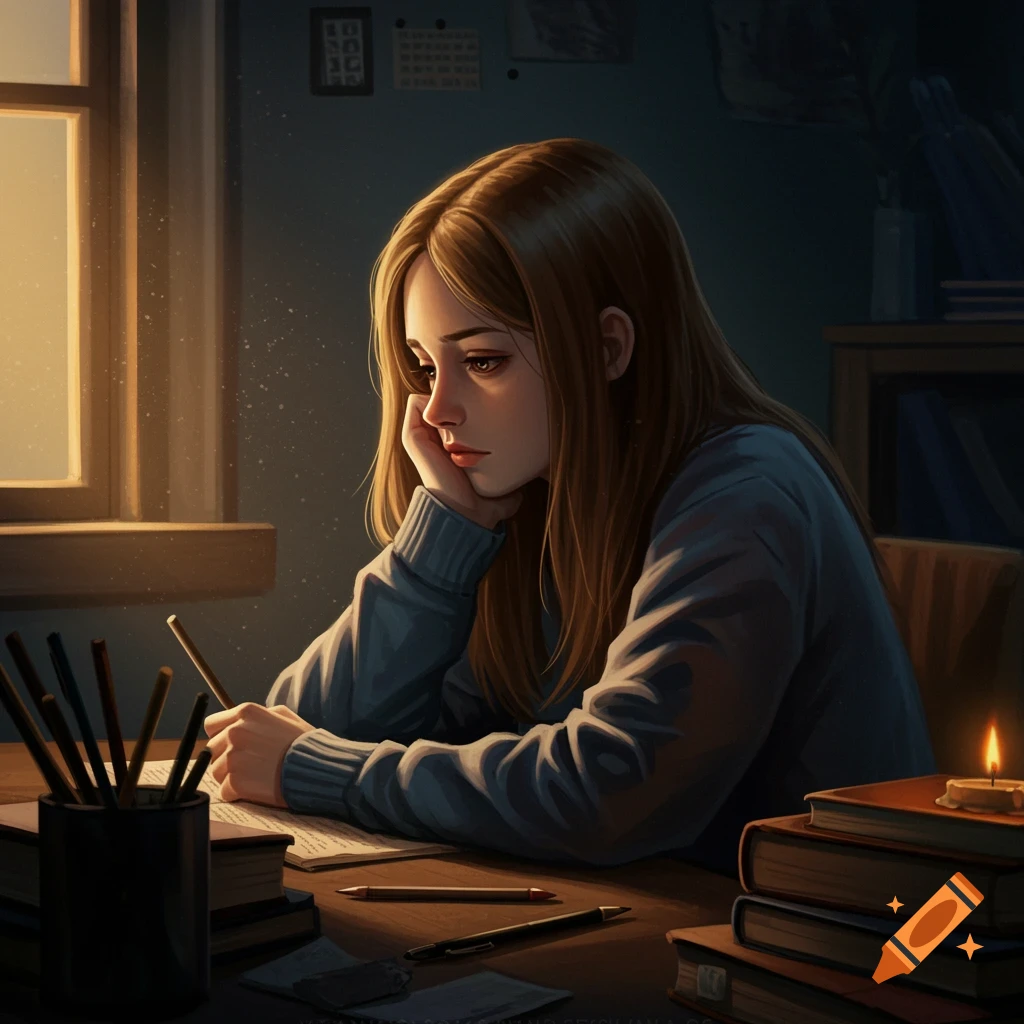 Illustration of a teenage girl studying at a desk by a window at night, looking sad.
