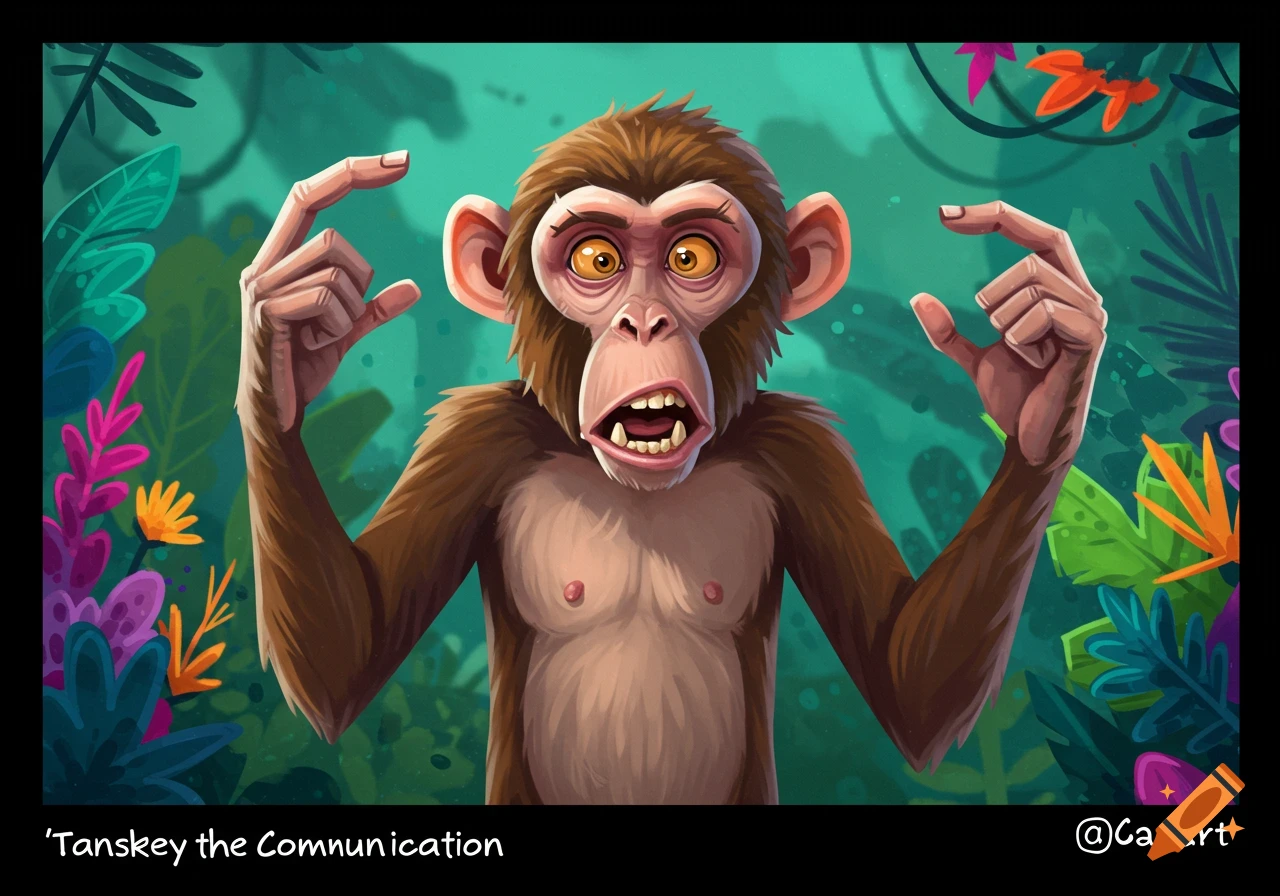 A cartoon monkey makes a gesture with its hands in a jungle.