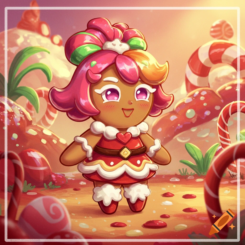 A cute cartoon cookie character with pink and orange hair and a red dress stands in a vibrant candy land.