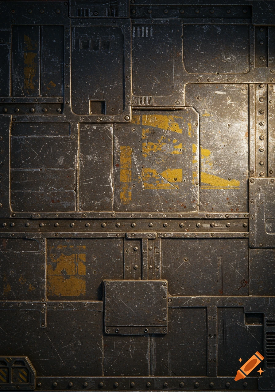 Close-up of a textured industrial scifi military metal wall with panels, rivets, and yellow markings.