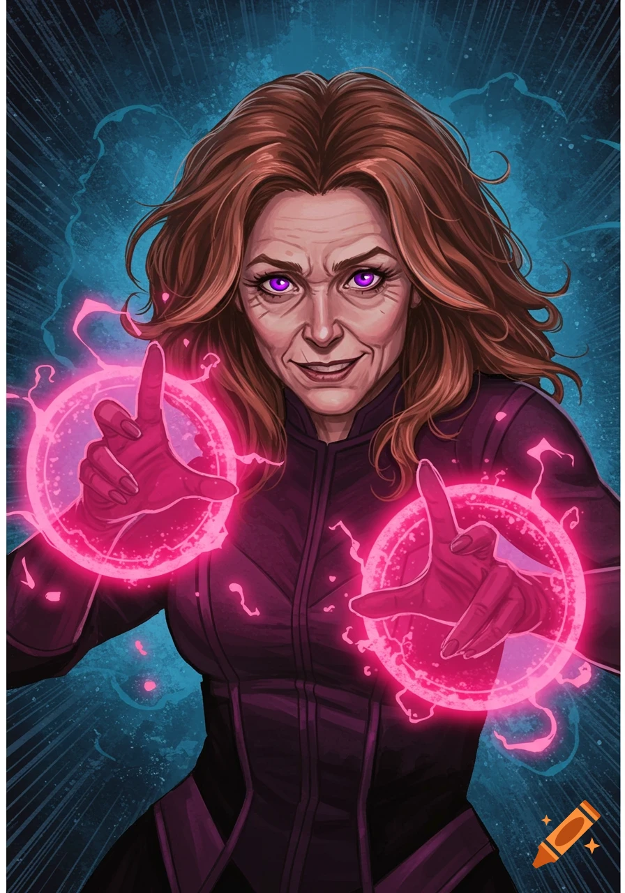 Comic book illustration of a woman with purple eyes casting pink magic circles from her hands.