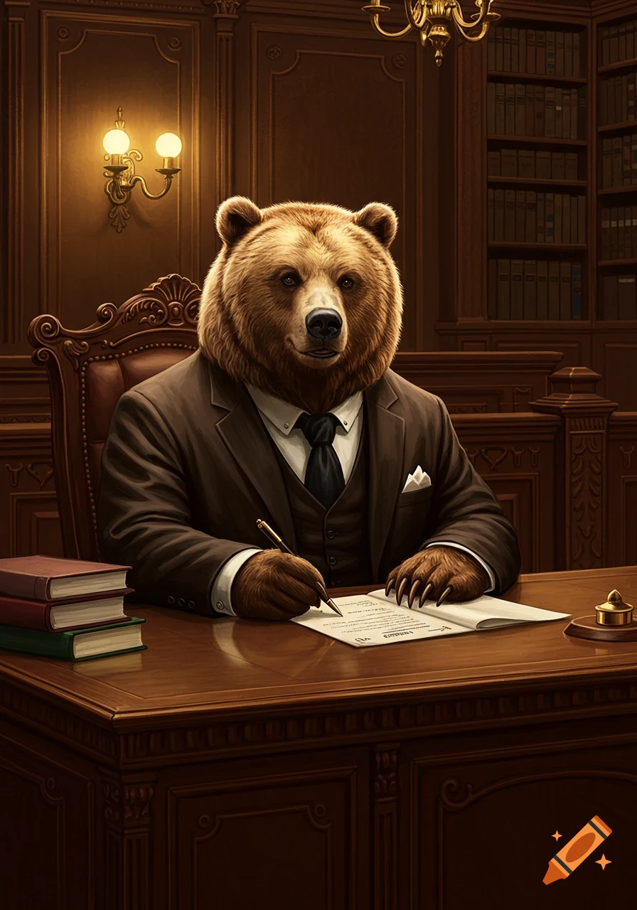 An anthropomorphic brown bear dressed in a suit sits at a large wooden desk, signing a document.