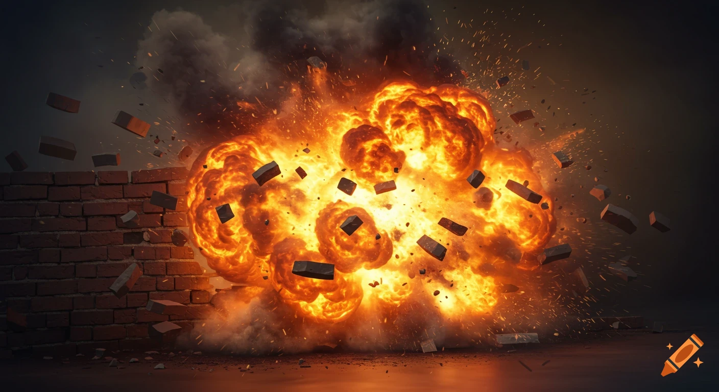 An intense explosion rocks a brick wall, sending flames, smoke, and debris flying outwards.