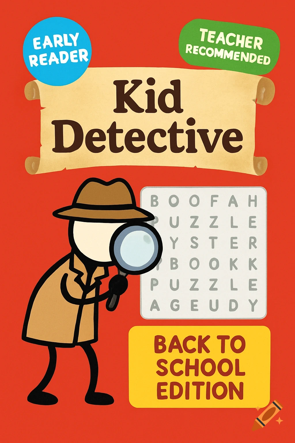 Cartoon stick figure detective with magnifying glass looking at a word search grid.