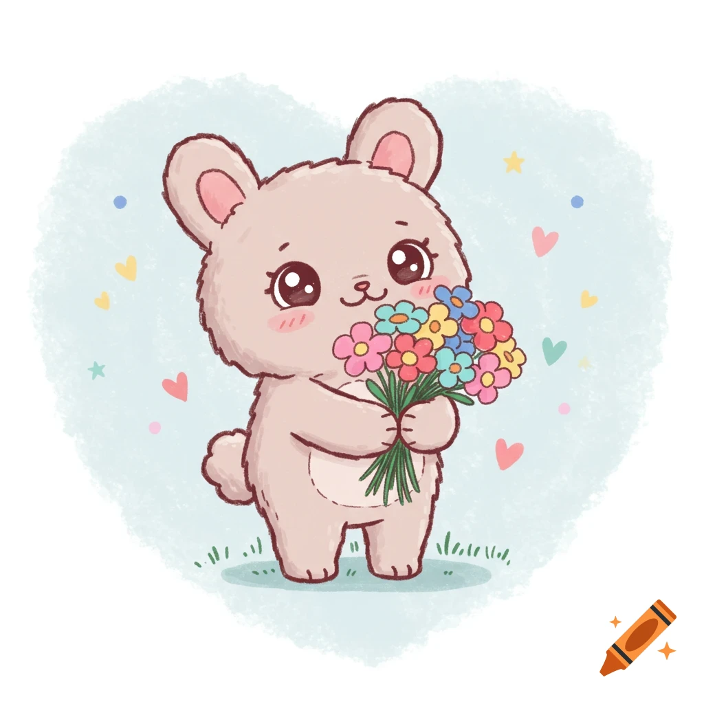 Cute cartoon bear holding a bouquet of flowers. on Craiyon