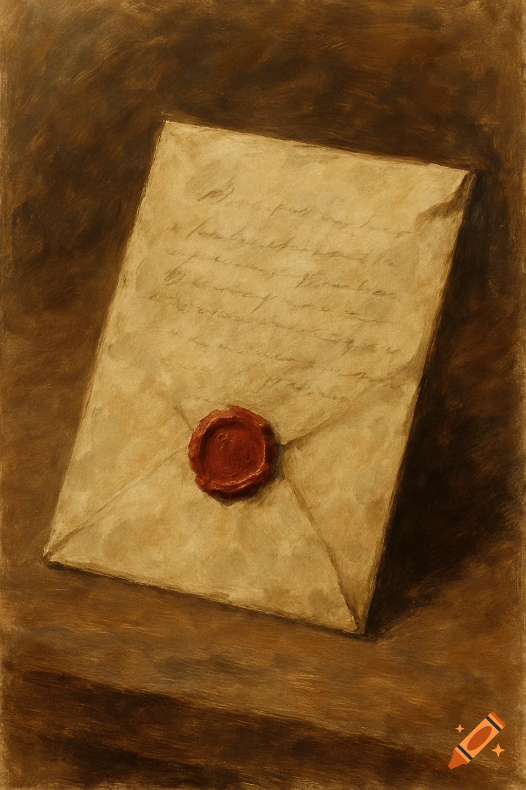 A letter sealed with red wax, rendered in an artistic style.