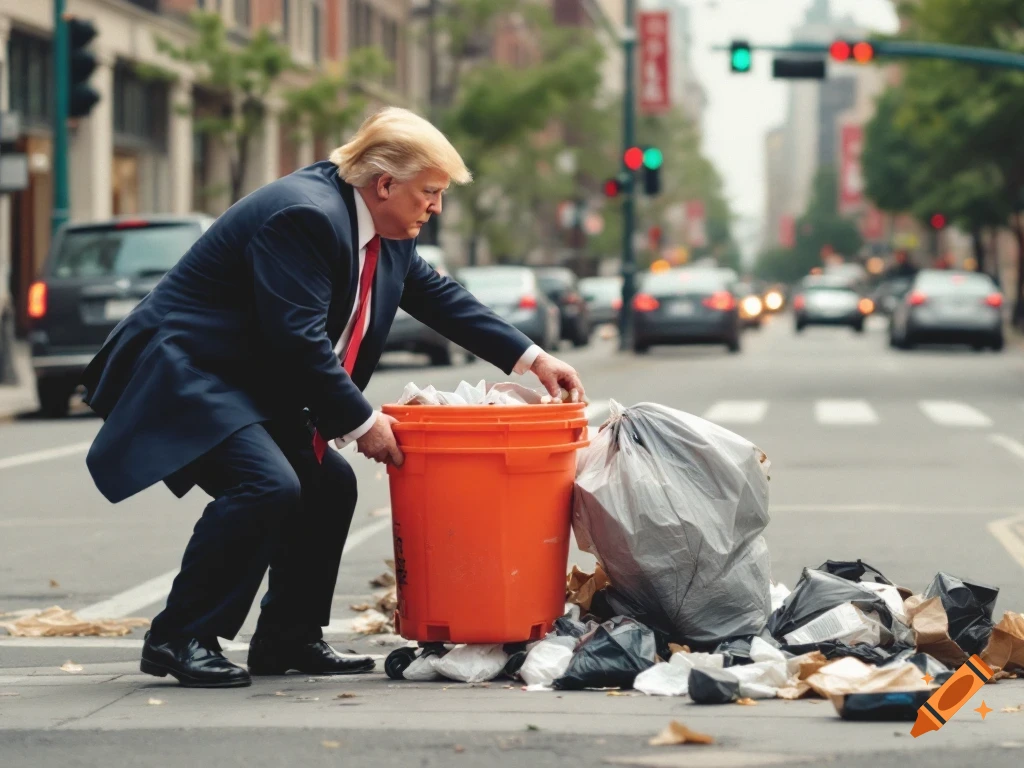 Donald Trump picking up garbage from the street