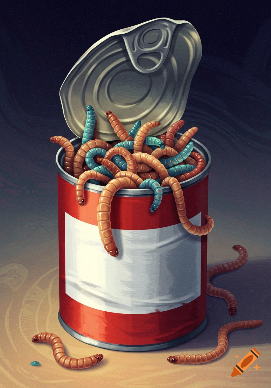 Illustration of brown and blue worms spilling out of an open red and white can.