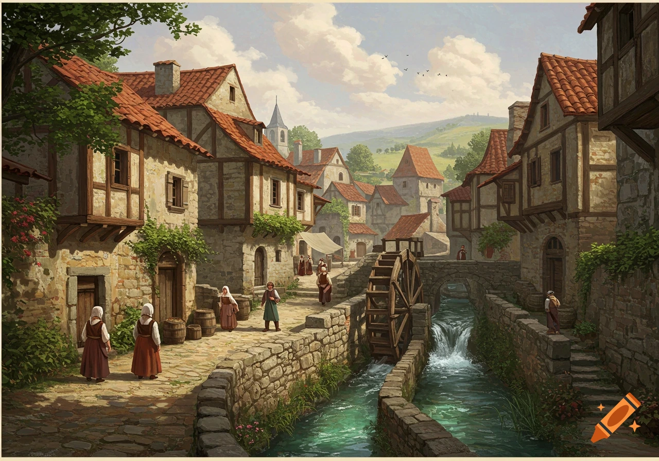 Painting of a vintage village with a water wheel and river.