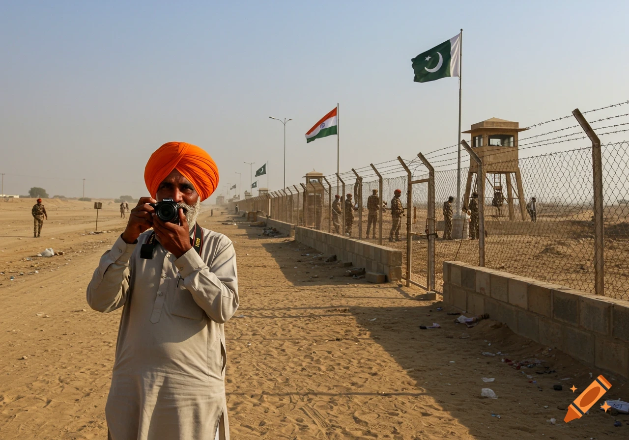 Man with orange turban taking a photo at the India-Pakistan border with flags and soldiers in the background. Photorealistic.
