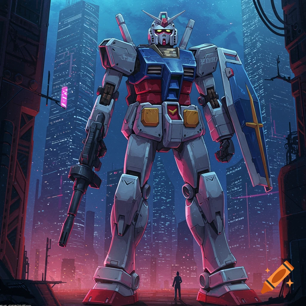 A giant Gundam robot stands in a city at night, with a small figure looking up from below.