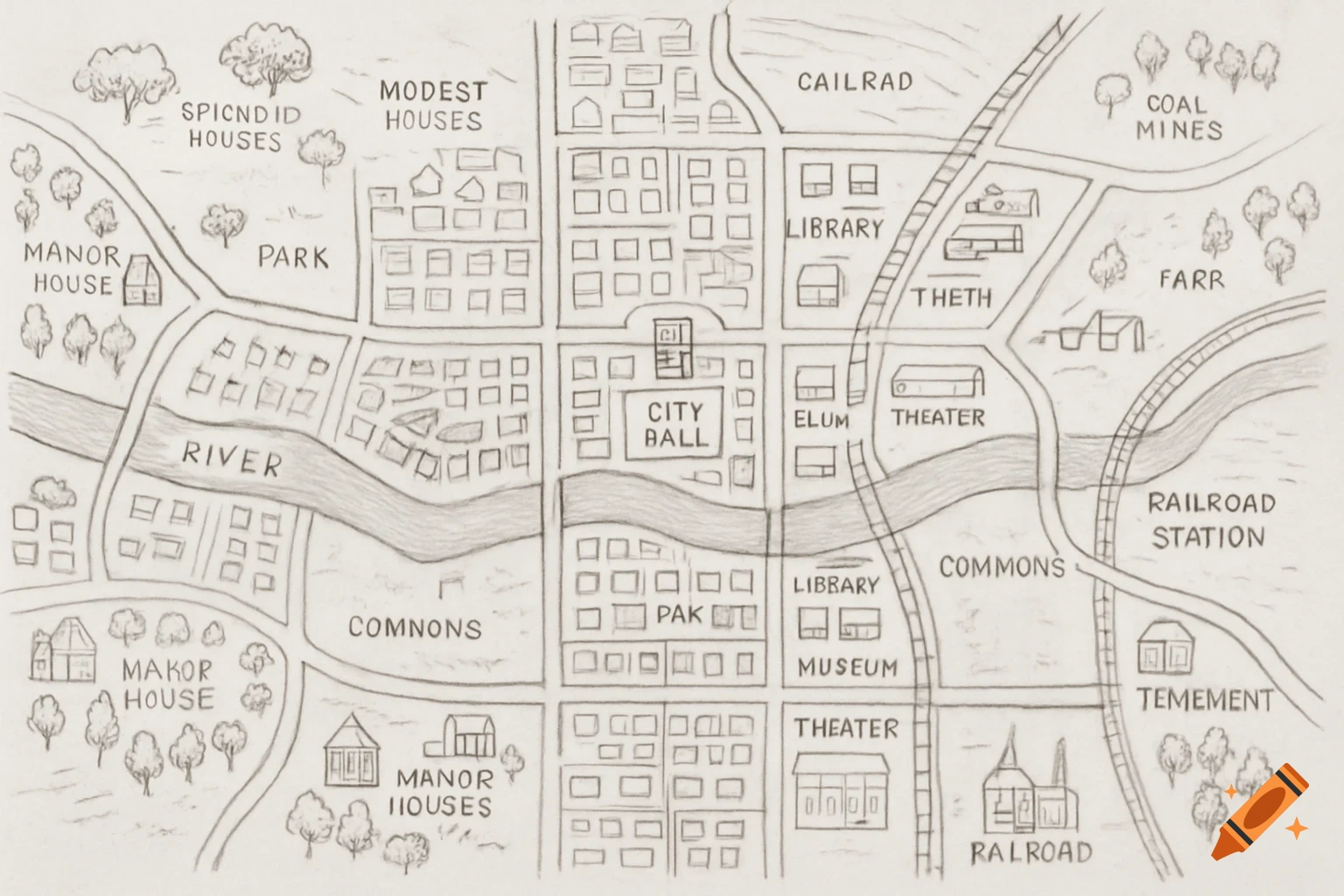 A black and white hand-drawn pencil sketch map of a town with a river ...